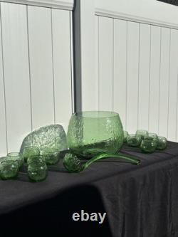 RETRO FUNKY MCM GREEN GLASS Punch Bowl Set 12 cups & 1 Bowl 1 LADEL HARD TO FI