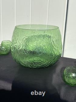 RETRO FUNKY MCM GREEN GLASS Punch Bowl Set 12 cups & 1 Bowl 1 LADEL HARD TO FI