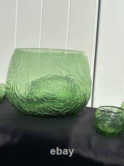 RETRO FUNKY MCM GREEN GLASS Punch Bowl Set 12 cups & 1 Bowl 1 LADEL HARD TO FI