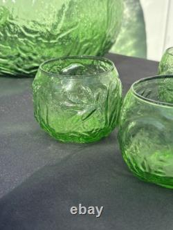 RETRO FUNKY MCM GREEN GLASS Punch Bowl Set 12 cups & 1 Bowl 1 LADEL HARD TO FI