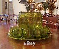 Rare American Decorative Mouth Blown Chartreuse Glass Punch Bowl Set Blenko