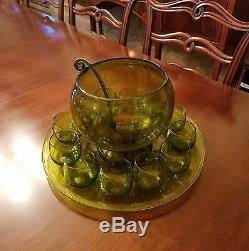 Rare American Decorative Mouth Blown Chartreuse Glass Punch Bowl Set Blenko