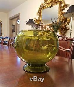 Rare American Decorative Mouth Blown Chartreuse Glass Punch Bowl Set Blenko