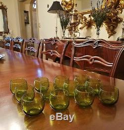 Rare American Decorative Mouth Blown Chartreuse Glass Punch Bowl Set Blenko