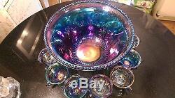 Rare Anitque Blue Glass Rainbow Iridescent Punch Bowl and 12 Cups