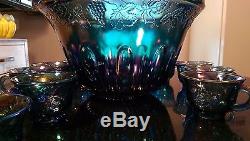 Rare Anitque Blue Glass Rainbow Iridescent Punch Bowl and 12 Cups