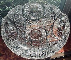 Rare Antique Abp Heavy 22 Lb. Sunburst Deeply Cut Water White Glass Punch Bowl