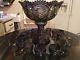 Rare Antique Carival Glass Rainbow Iridescent Punch Bowl on Base and 14 Cups