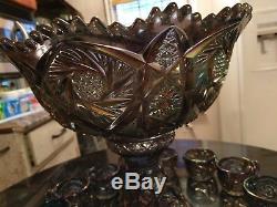 Rare Antique Carival Glass Rainbow Iridescent Punch Bowl on Base and 14 Cups