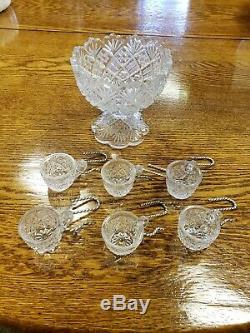Rare Antique Childs 13 Pc. EAPG THUMBELINA Glass Punch Bowl, Cups & Metal Hooks