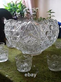 Rare Antique Cut Glass Punch Bowl Sawtooth Rim with 10 Dsgn Matching Cups Vintag