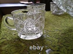 Rare Antique Cut Glass Punch Bowl Sawtooth Rim with 10 Dsgn Matching Cups Vintag
