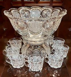 Rare Antique THE STATES Punch Bowl with Base and 10 Cups by US Glass Circa 1908