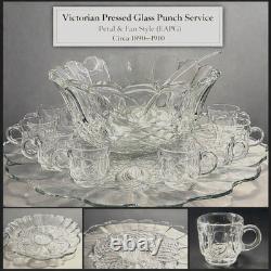 Rare Antique Victorian EAPG Petal & Fan Style Punch Bowl 12 Cups 20 Tray, Ladle