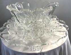 Rare Antique Victorian EAPG Petal & Fan Style Punch Bowl 12 Cups 20 Tray, Ladle