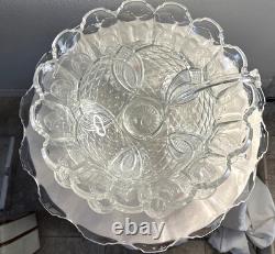 Rare Antique Victorian EAPG Petal & Fan Style Punch Bowl 12 Cups 20 Tray, Ladle