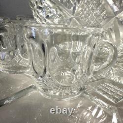 Rare Antique Victorian EAPG Petal & Fan Style Punch Bowl 12 Cups 20 Tray, Ladle