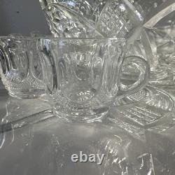 Rare Antique Victorian EAPG Petal & Fan Style Punch Bowl 12 Cups 20 Tray, Ladle