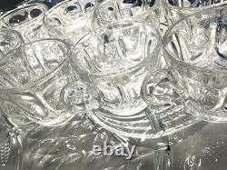 Rare Antique Victorian EAPG Petal & Fan Style Punch Bowl 12 Cups 20 Tray, Ladle