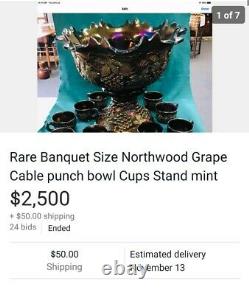 Rare Banquet HUGE 16 Northwood Grape Cable punch bowl Cups Stand