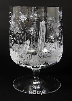 Rare Bohemian Czech Etched Glass Punch Bowl Set with 6 Cups Hunting Stags Ducks