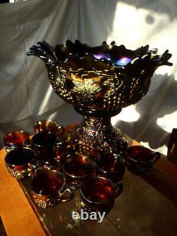 Rare CARNIVAL GLASS Banquet Size Northwood Grape Cable Punch Bowl 10 Cups Stand