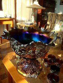 Rare CARNIVAL GLASS Banquet Size Northwood Grape Cable Punch Bowl 10 Cups Stand