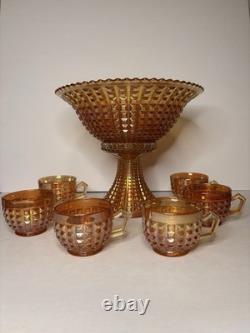 Rare Complete Carnival Glass Punch Bowl Set Waffle Block Pattern Marigold 1930