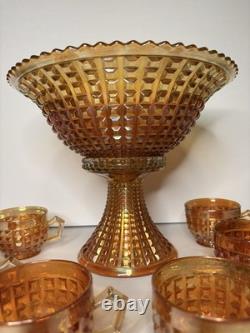 Rare Complete Carnival Glass Punch Bowl Set Waffle Block Pattern Marigold 1930