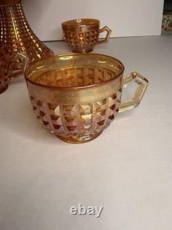 Rare Complete Carnival Glass Punch Bowl Set Waffle Block Pattern Marigold 1930