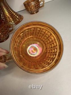 Rare Complete Carnival Glass Punch Bowl Set Waffle Block Pattern Marigold 1930
