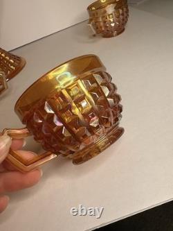 Rare Complete Carnival Glass Punch Bowl Set Waffle Block Pattern Marigold 1930