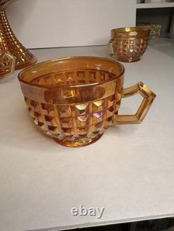 Rare Complete Carnival Glass Punch Bowl Set Waffle Block Pattern Marigold 1930