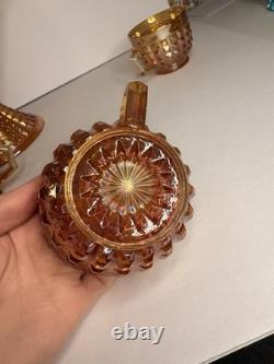 Rare Complete Carnival Glass Punch Bowl Set Waffle Block Pattern Marigold 1930