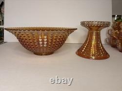 Rare Complete Carnival Glass Punch Bowl Set Waffle Block Pattern Marigold 1930