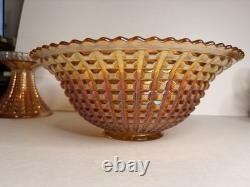 Rare Complete Carnival Glass Punch Bowl Set Waffle Block Pattern Marigold 1930