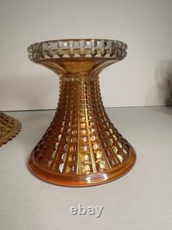 Rare Complete Carnival Glass Punch Bowl Set Waffle Block Pattern Marigold 1930