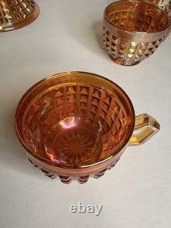 Rare Complete Carnival Glass Punch Bowl Set Waffle Block Pattern Marigold 1930