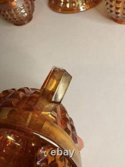 Rare Complete Carnival Glass Punch Bowl Set Waffle Block Pattern Marigold 1930