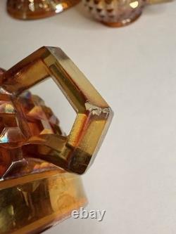 Rare Complete Carnival Glass Punch Bowl Set Waffle Block Pattern Marigold 1930