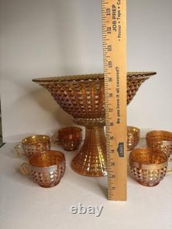 Rare Complete Carnival Glass Punch Bowl Set Waffle Block Pattern Marigold 1930