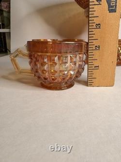 Rare Complete Carnival Glass Punch Bowl Set Waffle Block Pattern Marigold 1930