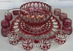 Rare Cranberry Red Glass Holiday Punchc Bowl 12 Glasses, Glass Ladle