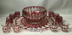 Rare Cranberry Red Glass Holiday Punchc Bowl 12 Glasses, Glass Ladle