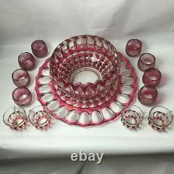 Rare Cranberry Red Glass Holiday Punchc Bowl 12 Glasses, Glass Ladle