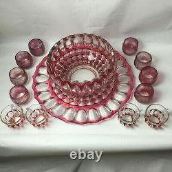 Rare Cranberry Red Glass Holiday Punchc Bowl 12 Glasses, Glass Ladle