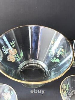 Rare DOROTHY THORPE Large Glass Butterfly Punch Bowl And Matching Bowls Gold Rim