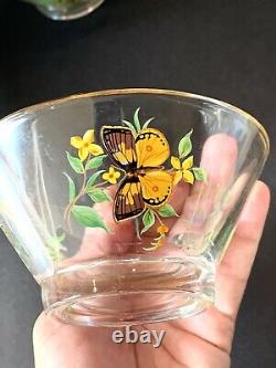 Rare DOROTHY THORPE Large Glass Butterfly Punch Bowl And Matching Bowls Gold Rim