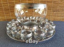 Rare Dorothy Thorpe Roly Poly Punch Bowl Undertray and 23 Glasses Silver Band