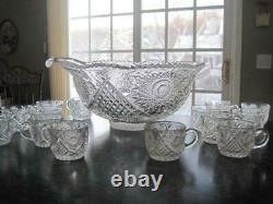 Rare Eapg Duncan & Miller40 Clear 16 Pc Flared Punch Bowl Setstar Diamond